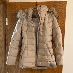 Calvin Klein Women's Beige Puffer Coat with Faux Fur Hood